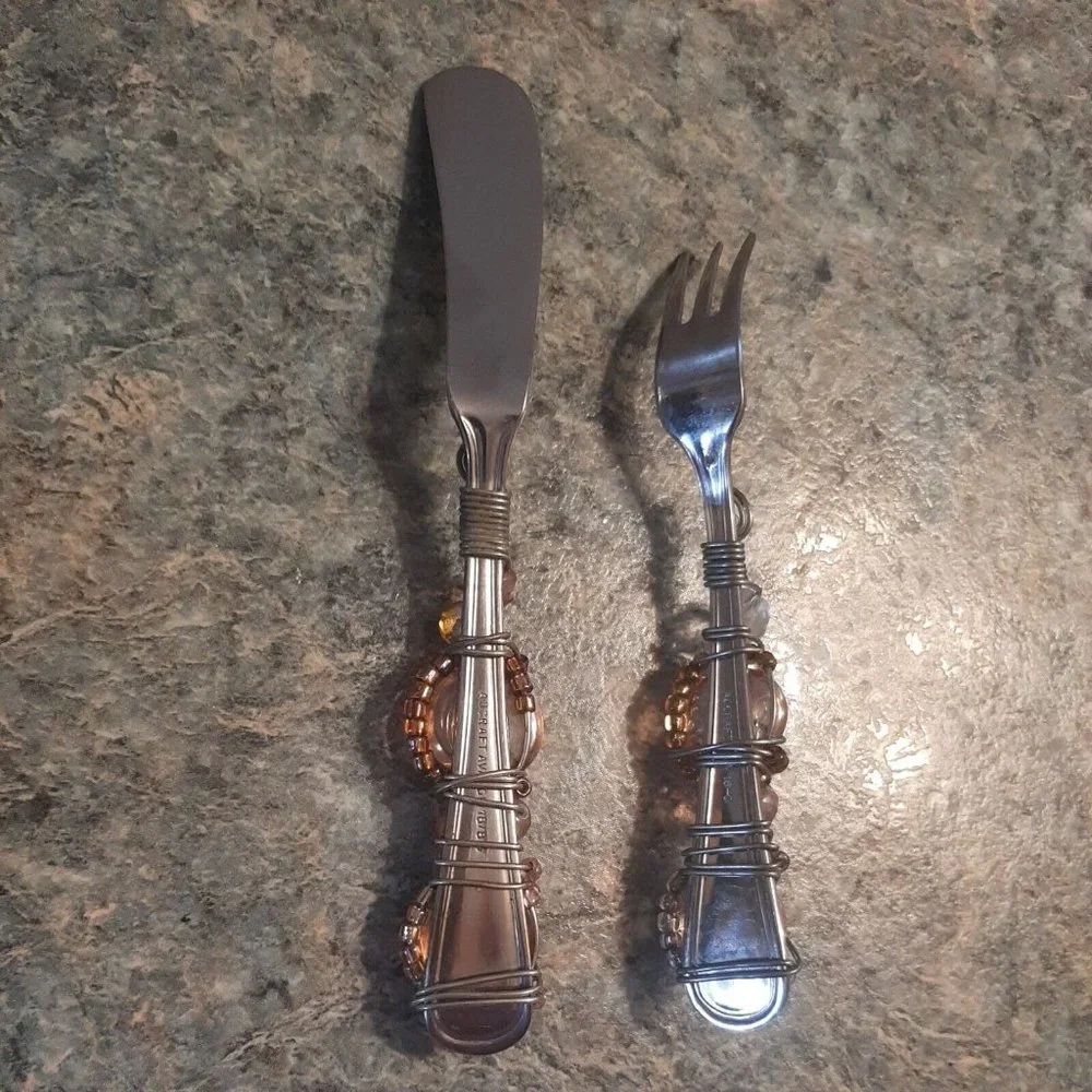 2 Jeweled Beaded Wire Hors d'Oeuvre Utensil Knife Fork Stainless Appetizer Amber